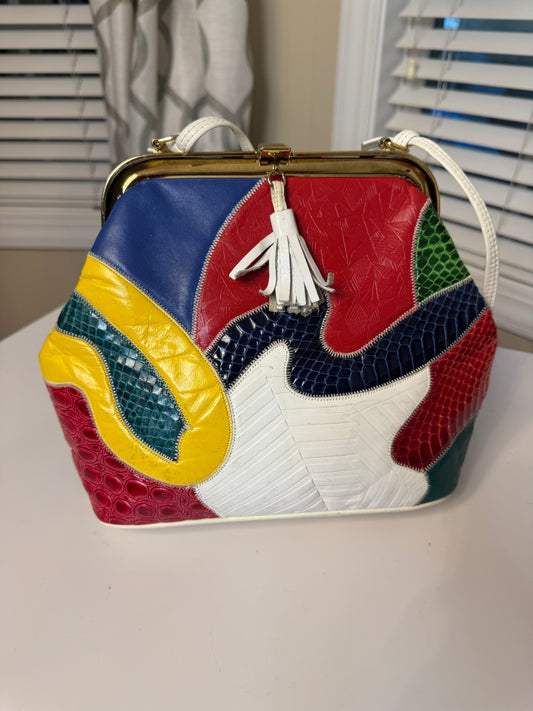 Vintage Colorblock Snakeprint Adorned  Snap Closure Purse