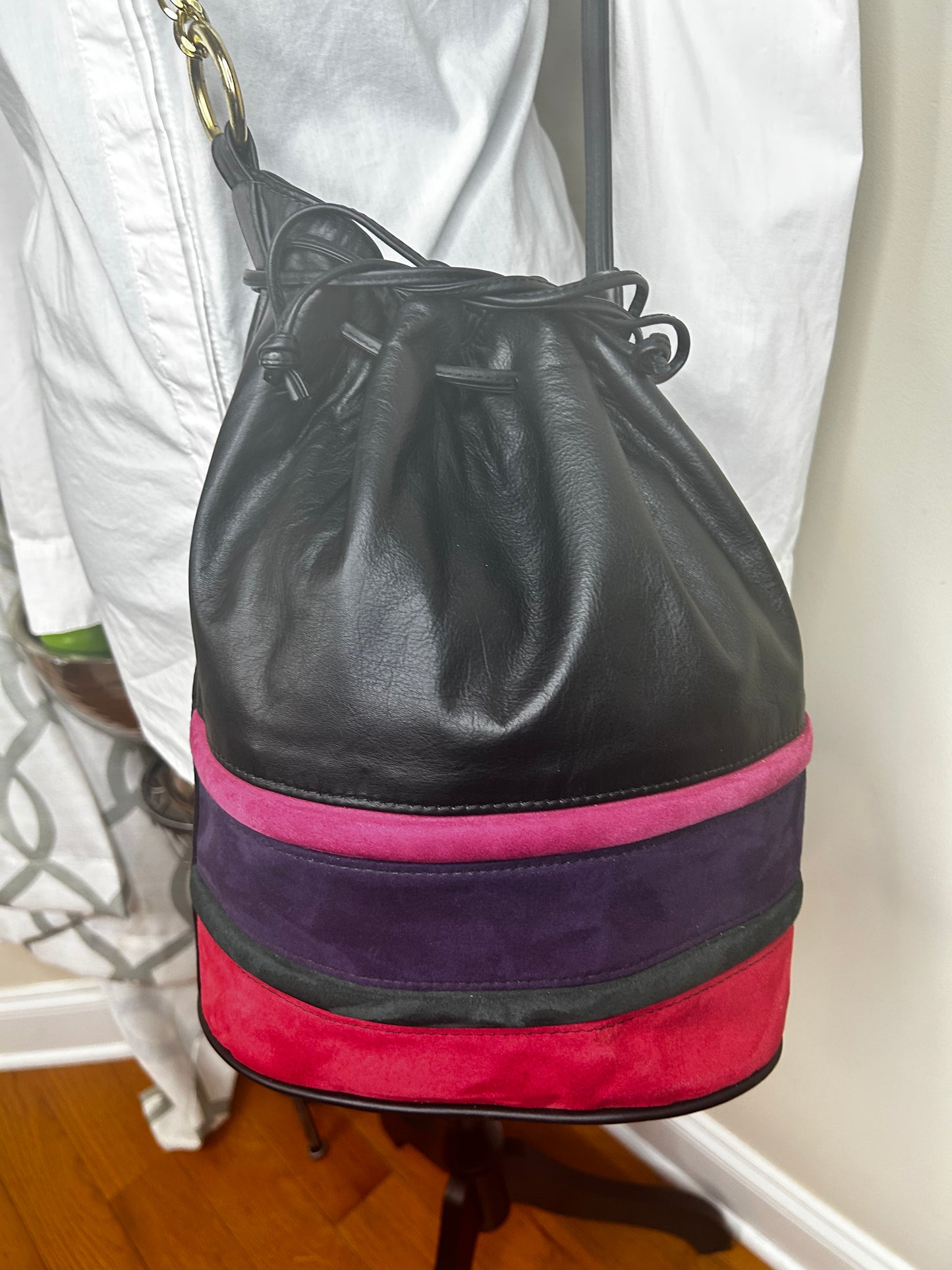 Genuine Leather Colorblock Purse with Drawstring Closure