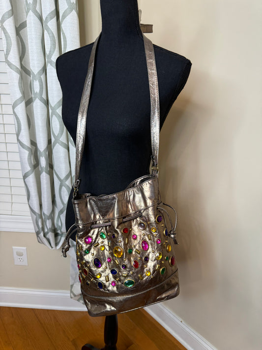 80s Metallic Bejeweled Drawstring Handbag