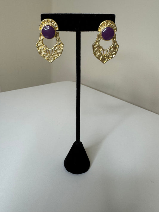 Vintage Gold Tone Pierced Earrings with Purple Accents