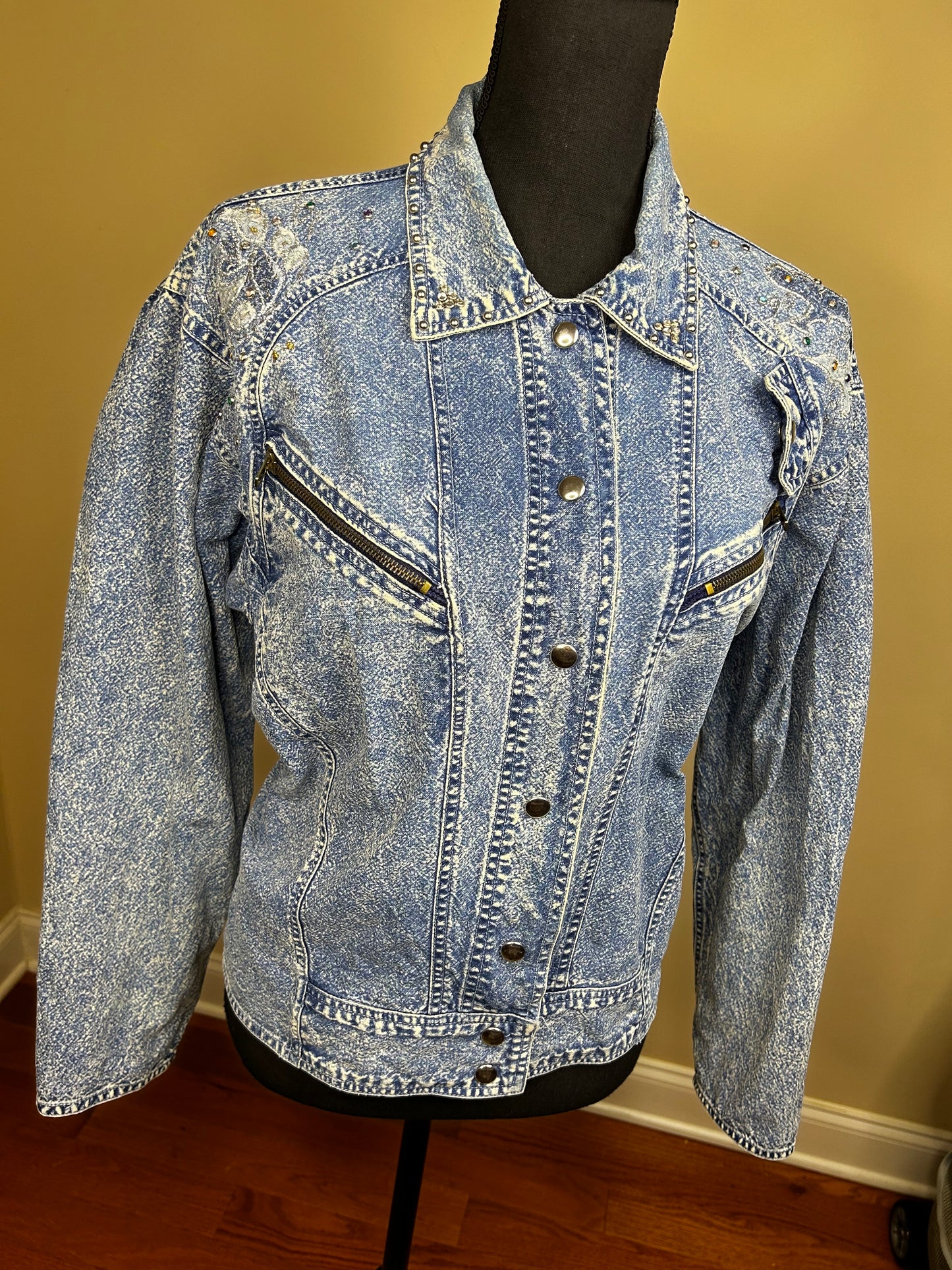 Vintage Acid Wash Bejeweled and Studded Denim Jacket