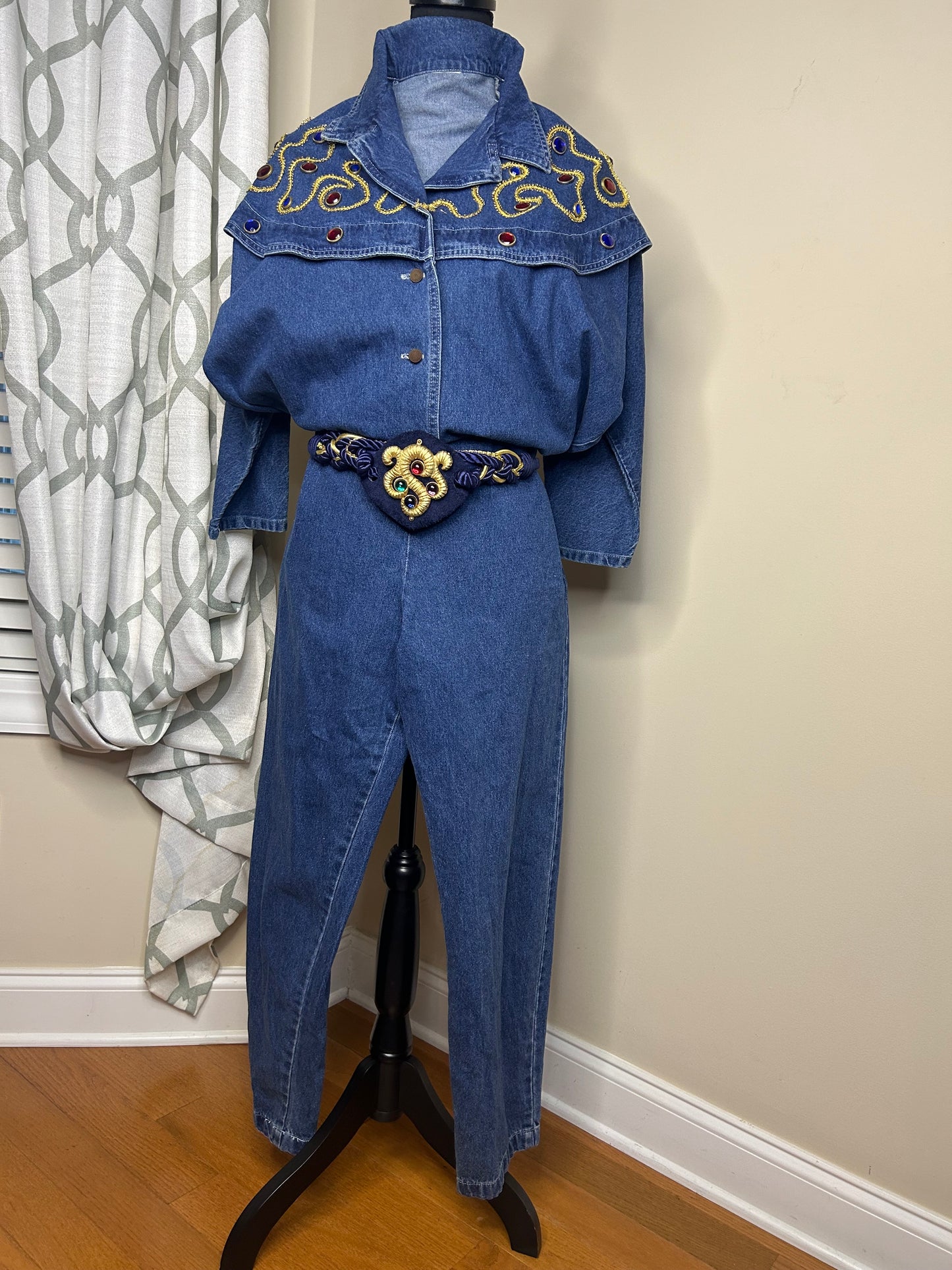 Dolman Sleeve Bejeweled Denim Romper with Belt