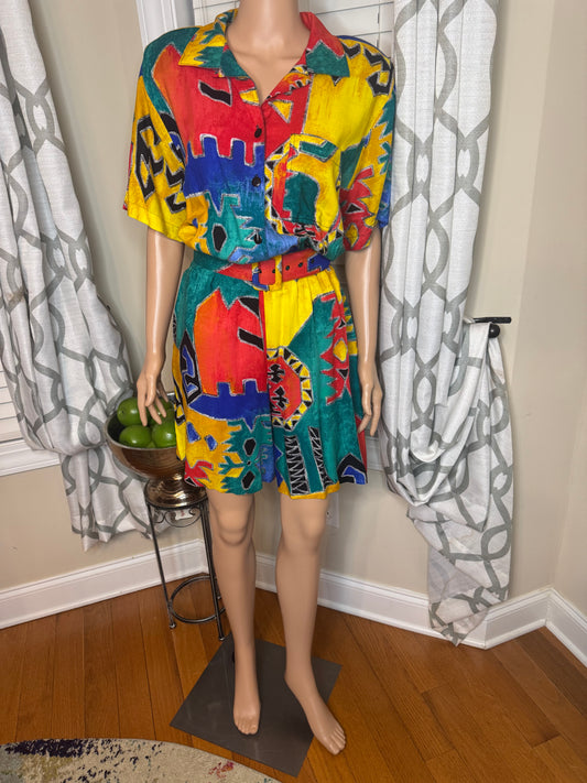 Caliche' Abstract Print Shorts Romper with Belt
