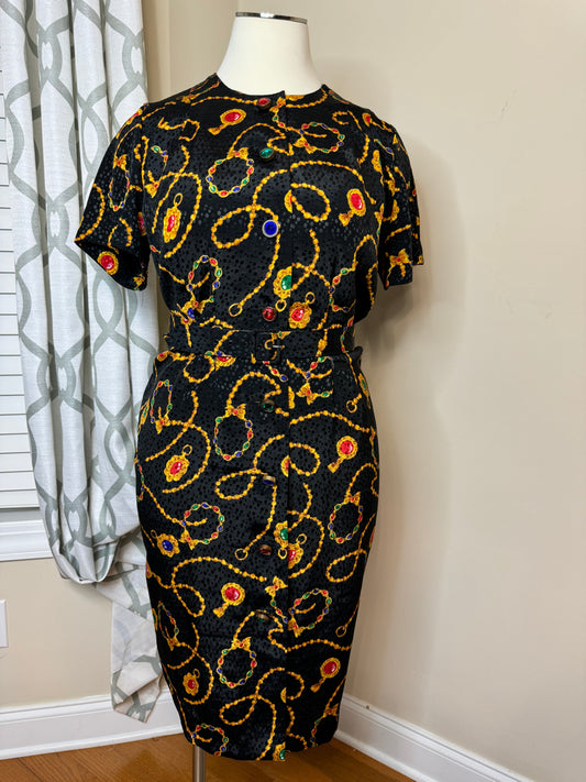 Vintage Leslie Faye Jeweled Button Dress with Matching Belt