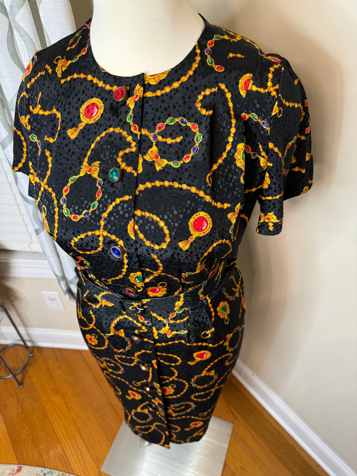 Vintage Leslie Faye Jeweled Button Dress with Matching Belt