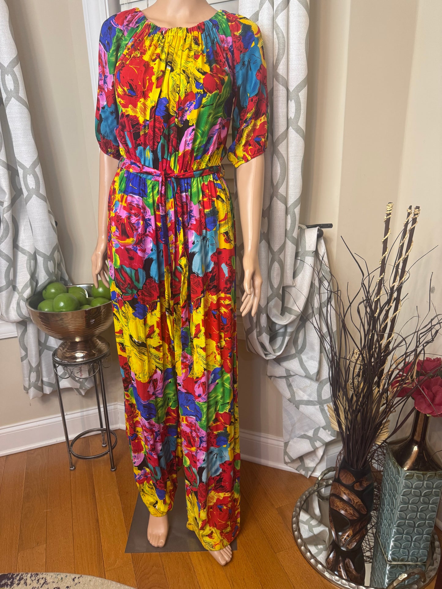 Floral Print Romper with Waist-Tie