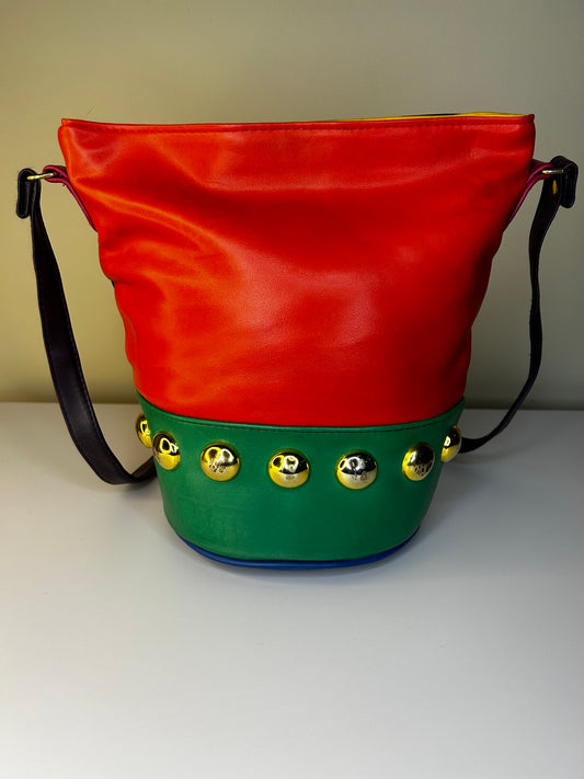 Vintage Colorblock Bucket Bag with Gold Studs