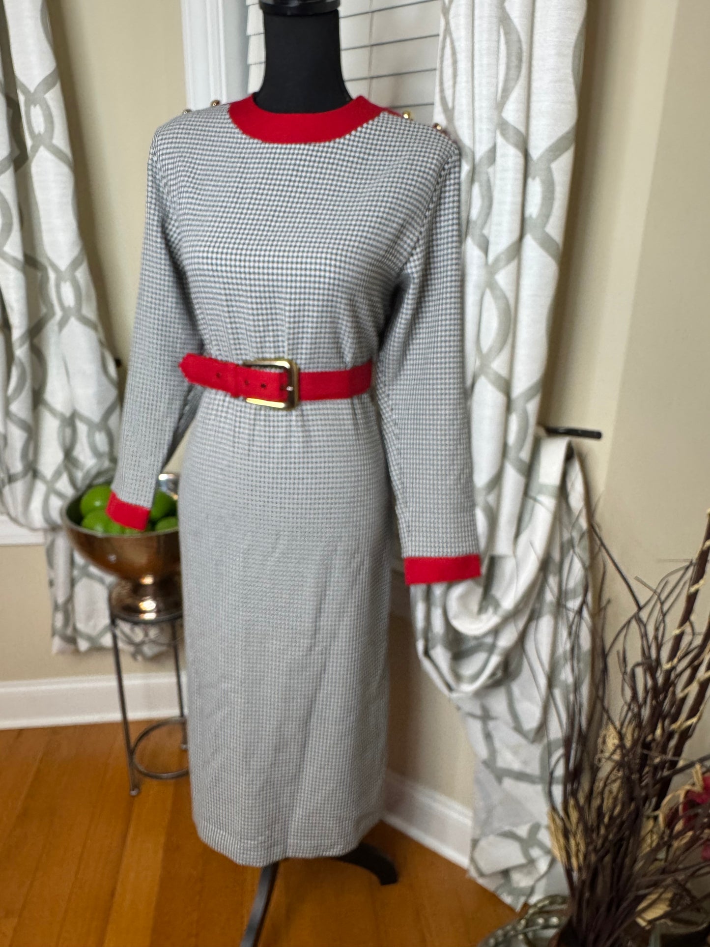Vintage Houndstooth Belted Dress with Red Adornments and Gold Accent Buttons