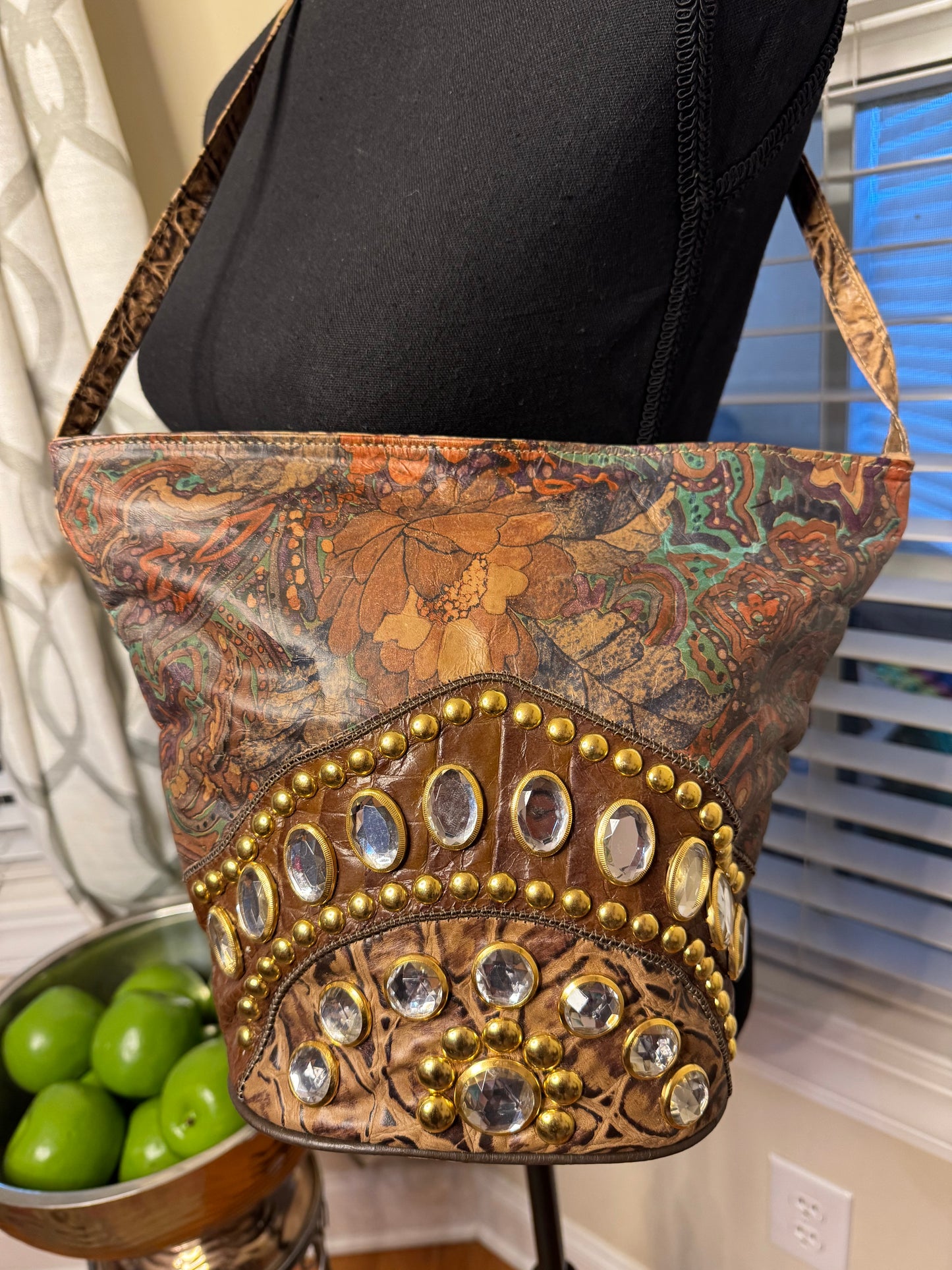 Genuine Leather Vintage Bejeweled Handbag