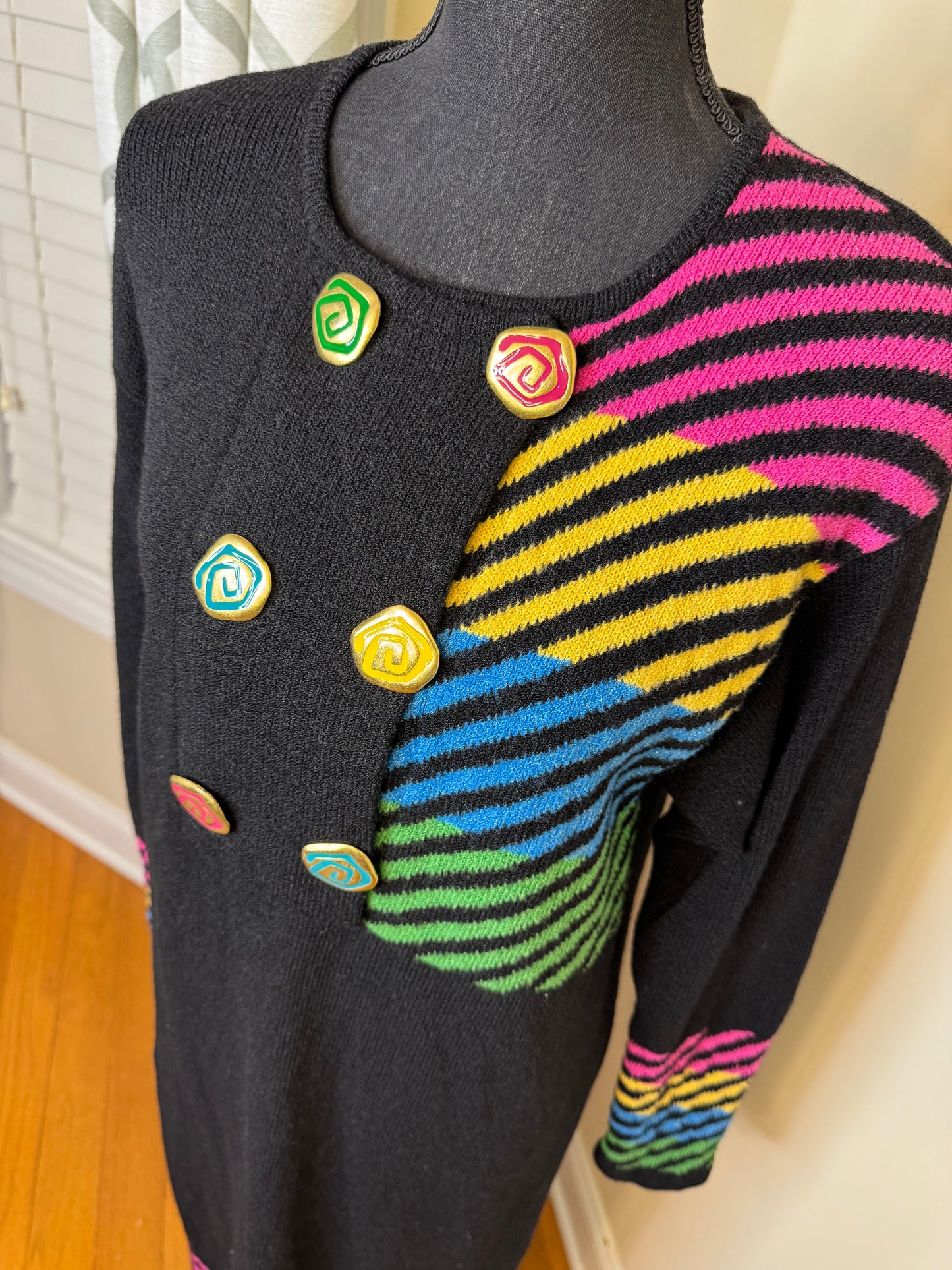 Vtg 80s Striped Sweater Dress with Accent Buttons