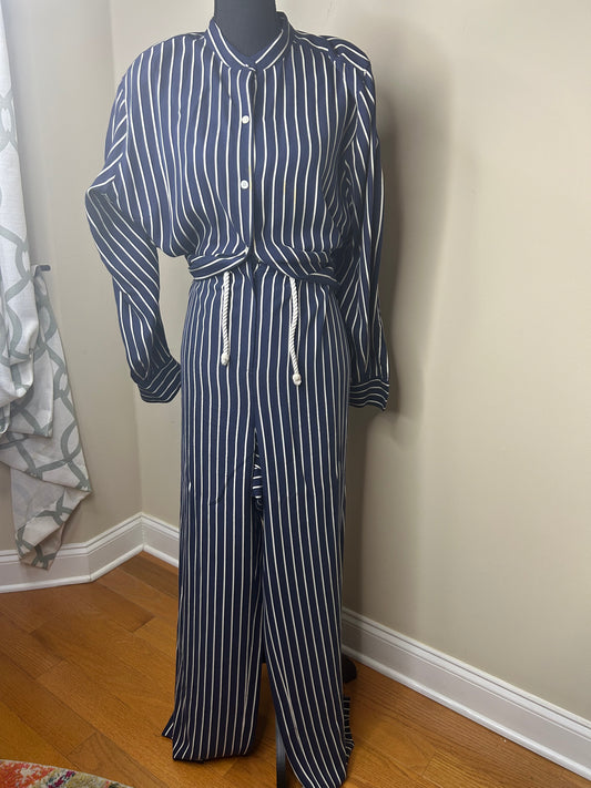 Ralph Lauren 2-Piece Navy Blue and White Striped Pant Set