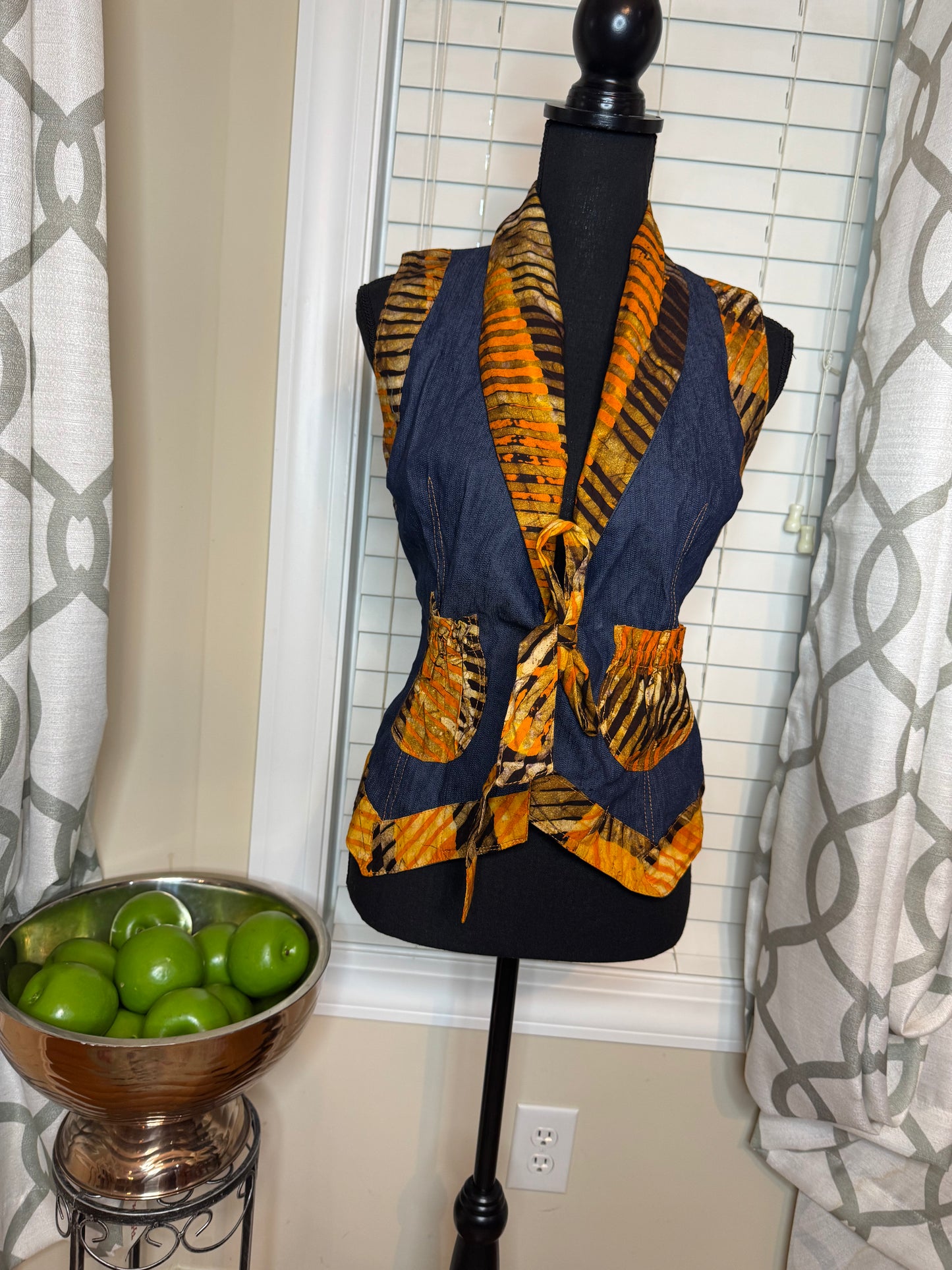Francisca Design Tie-Front Vest with Ethnic Print Trim