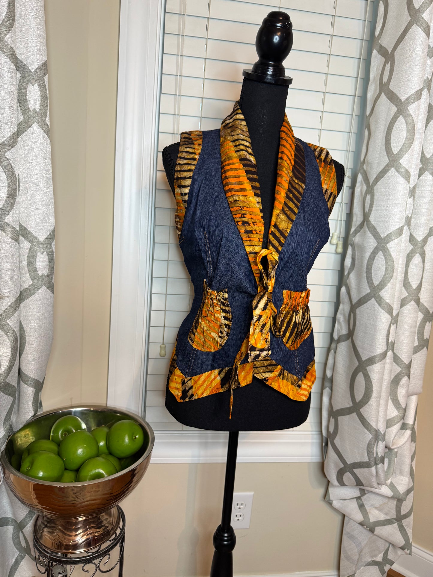Francisca Design Tie-Front Vest with Ethnic Print Trim