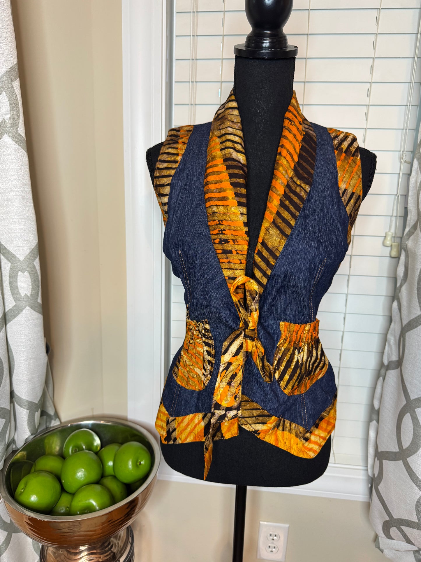 Francisca Design Tie-Front Vest with Ethnic Print Trim