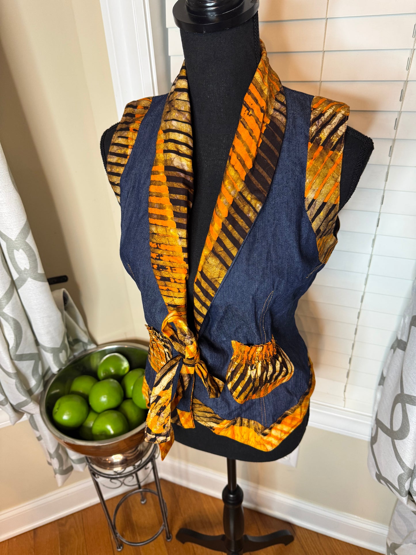 Francisca Design Tie-Front Vest with Ethnic Print Trim