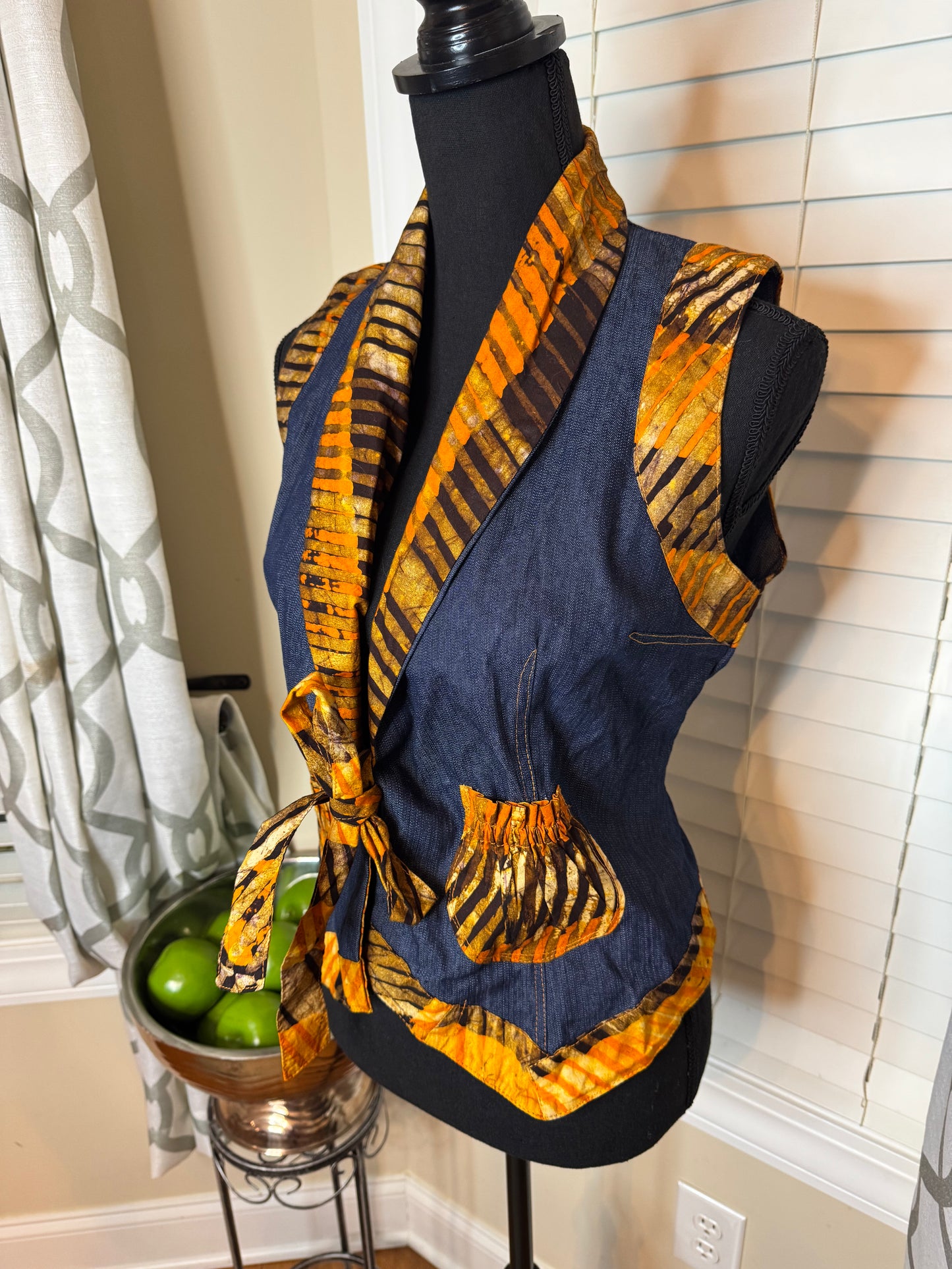 Francisca Design Tie-Front Vest with Ethnic Print Trim