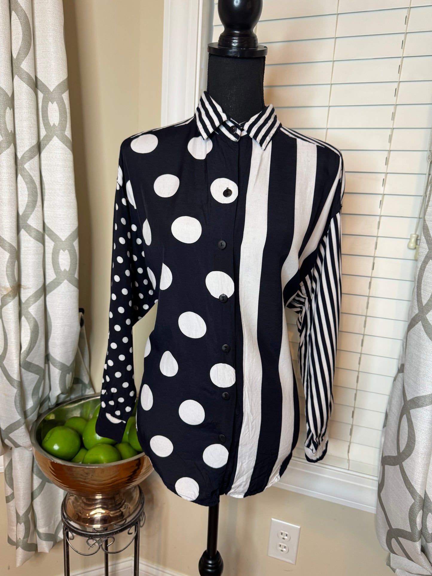 Vintage Limited Black and White Polkadot and Stripe Shirt ￼