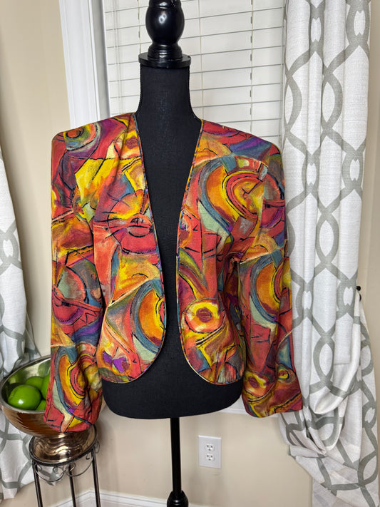 Vintage Abstract Print Cropped Open Blazer