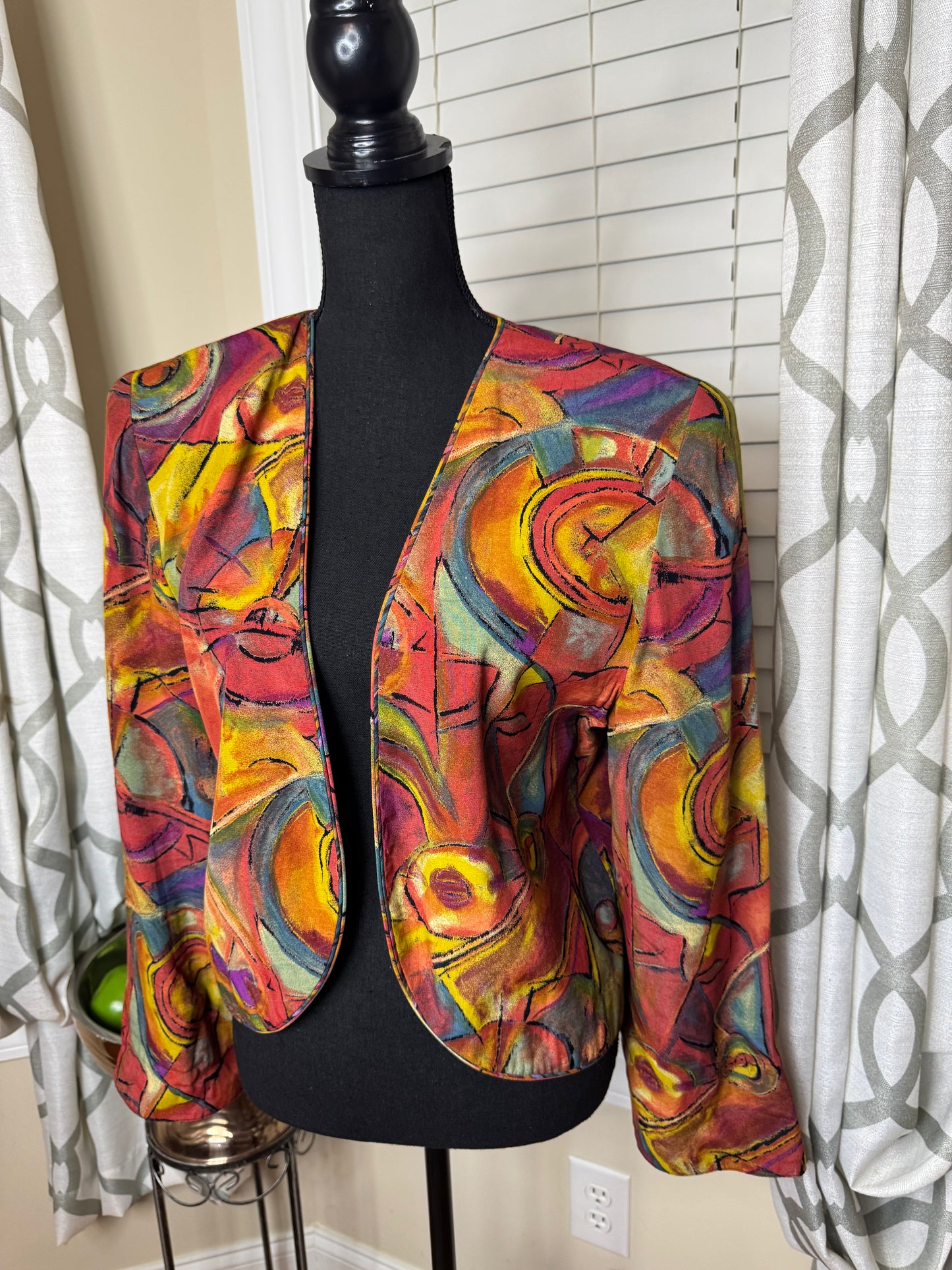 Vintage Abstract Print Cropped Open Blazer