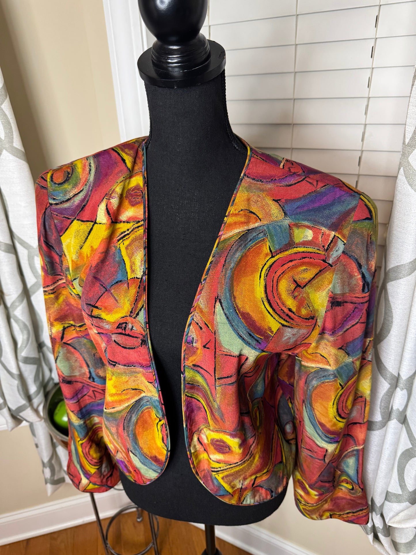 Vintage Abstract Print Cropped Open Blazer