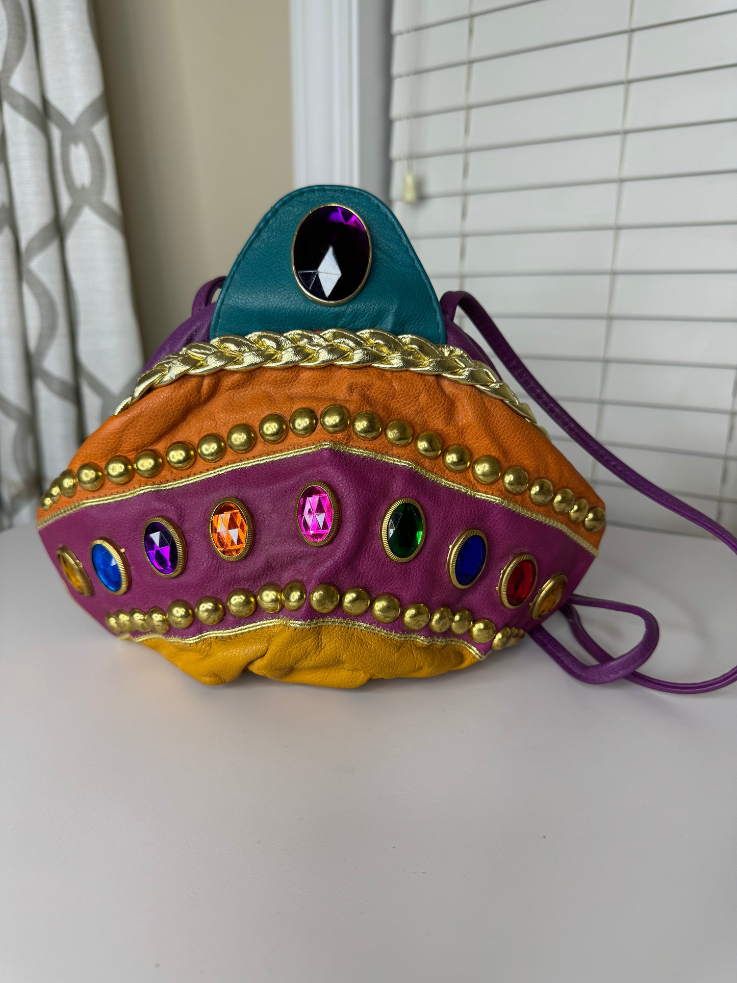 80s Genuine Leather Colorblock and Bejeweled Handbag