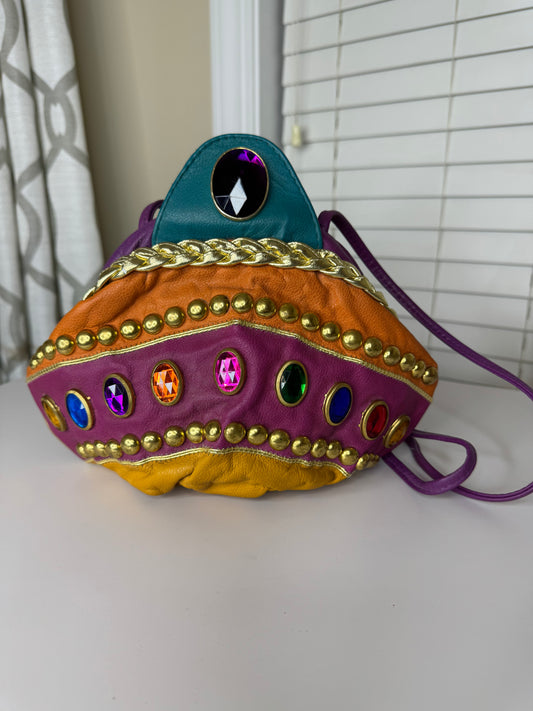 80s Genuine Leather Colorblock and Bejeweled Handbag