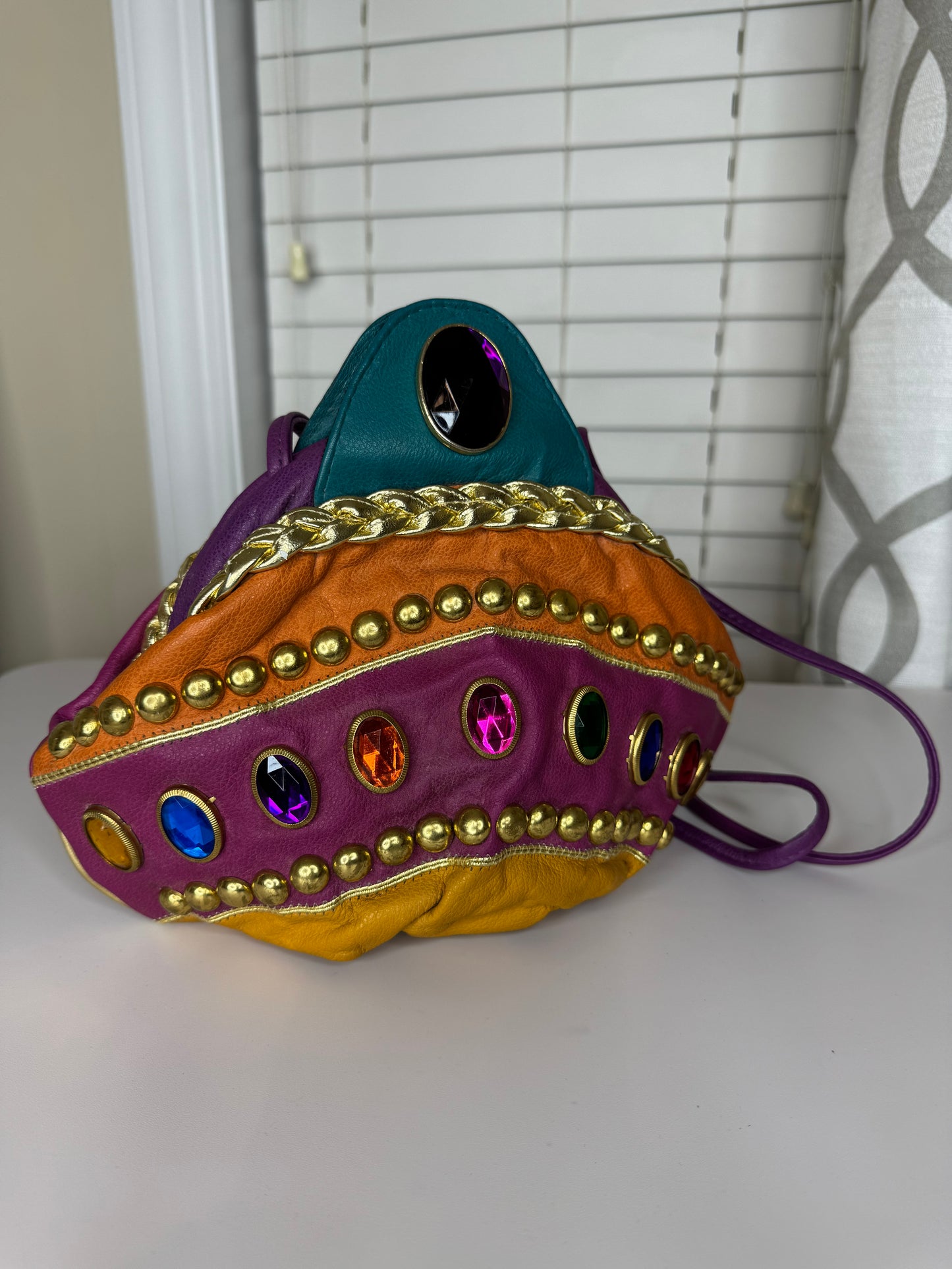 80s Genuine Leather Colorblock and Bejeweled Handbag