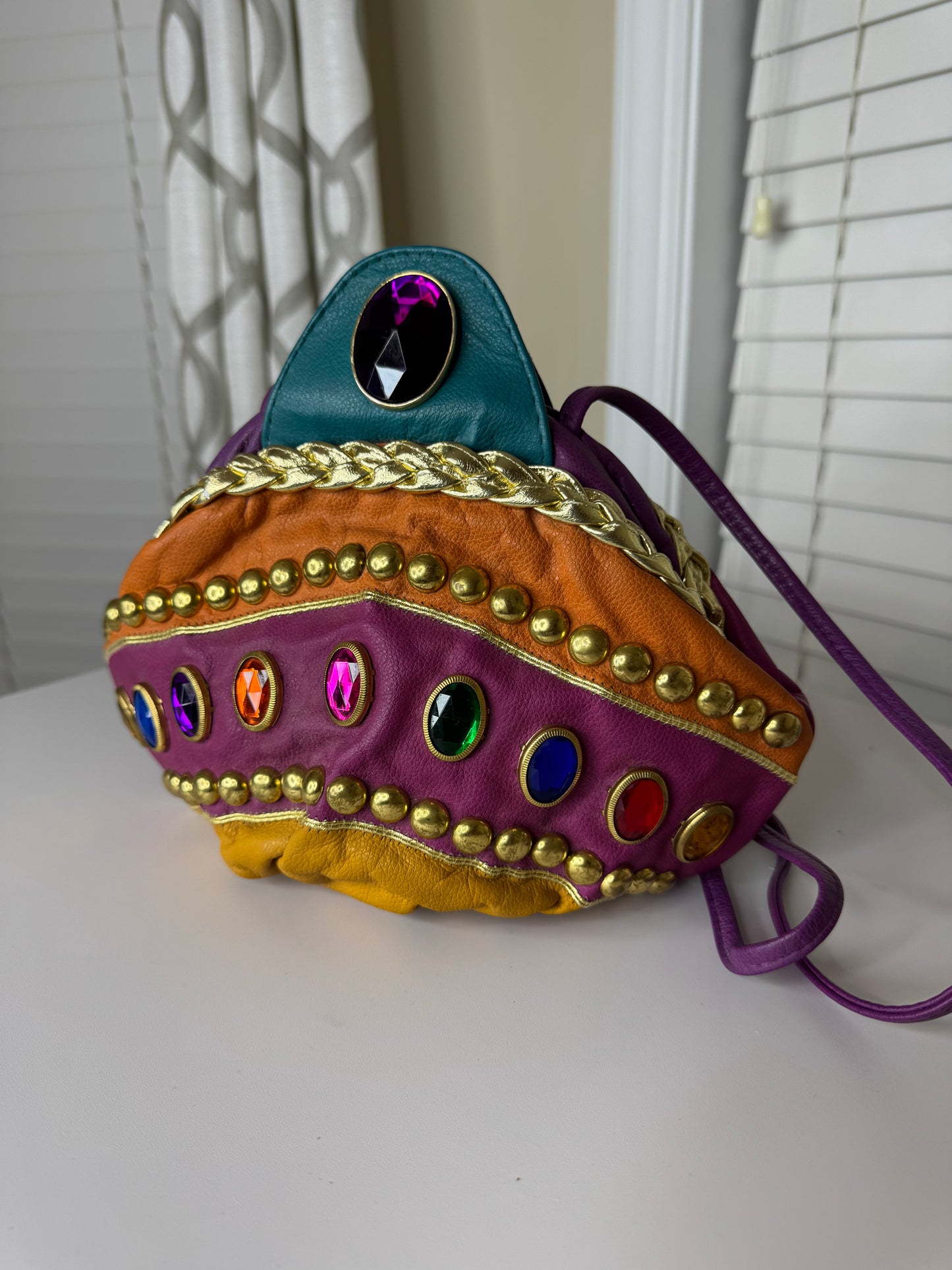 80s Genuine Leather Colorblock and Bejeweled Handbag
