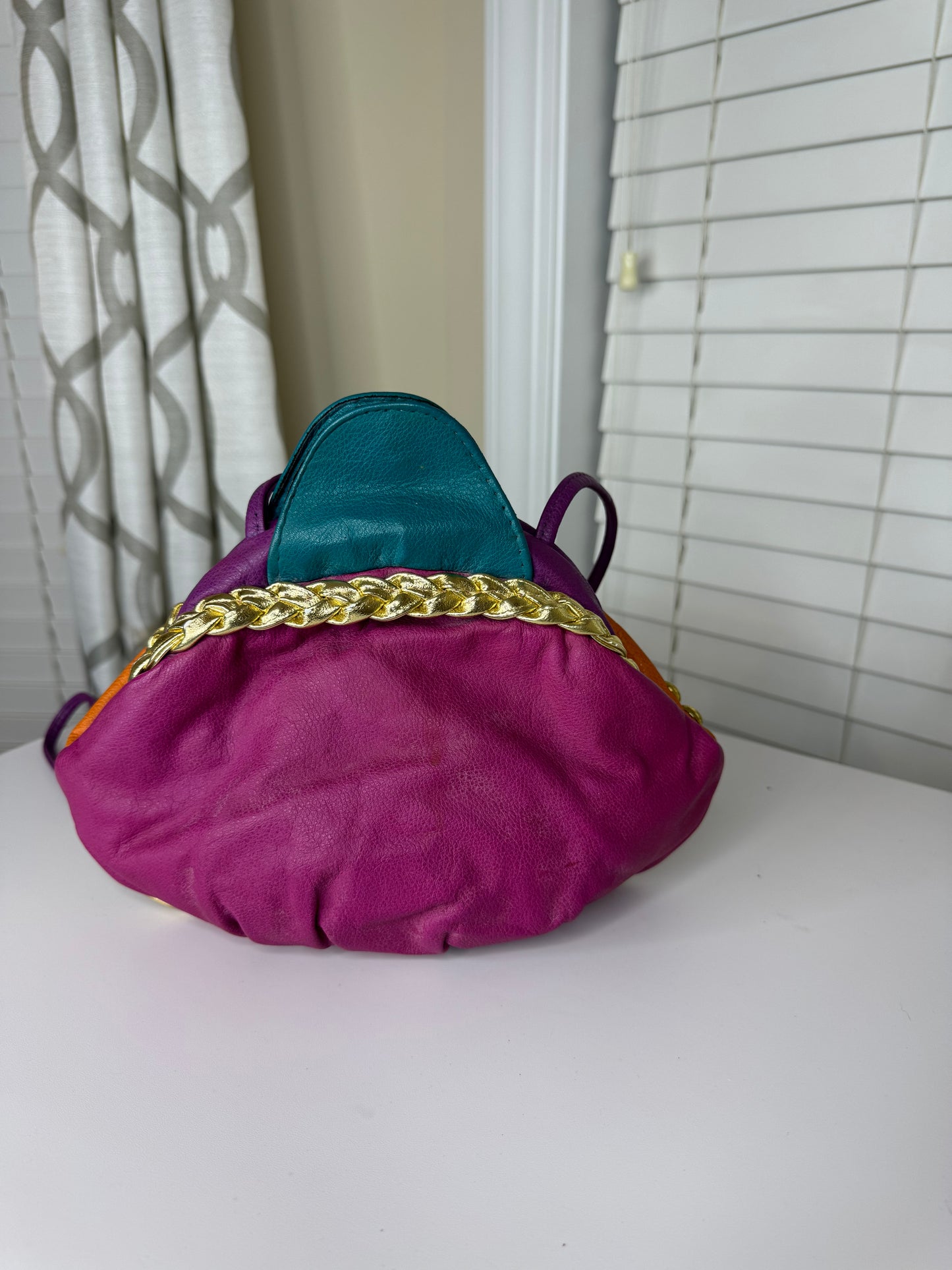 80s Genuine Leather Colorblock and Bejeweled Handbag