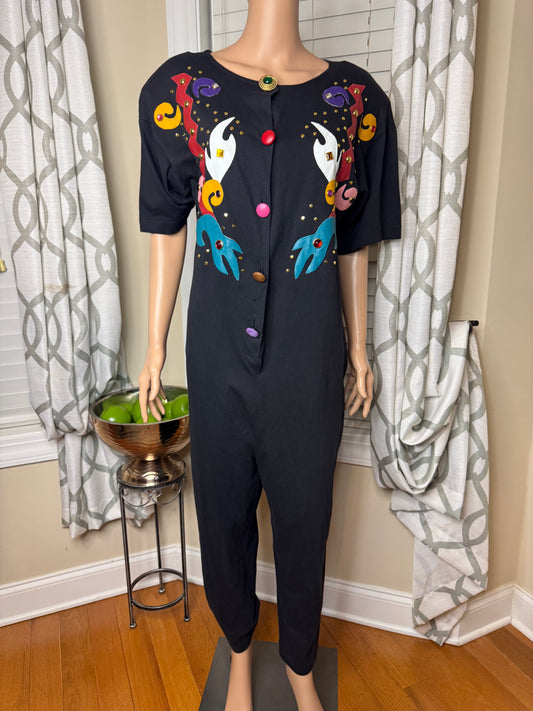 NWT Vintage Bejeweled Romper with Genuine Leather Appliqués