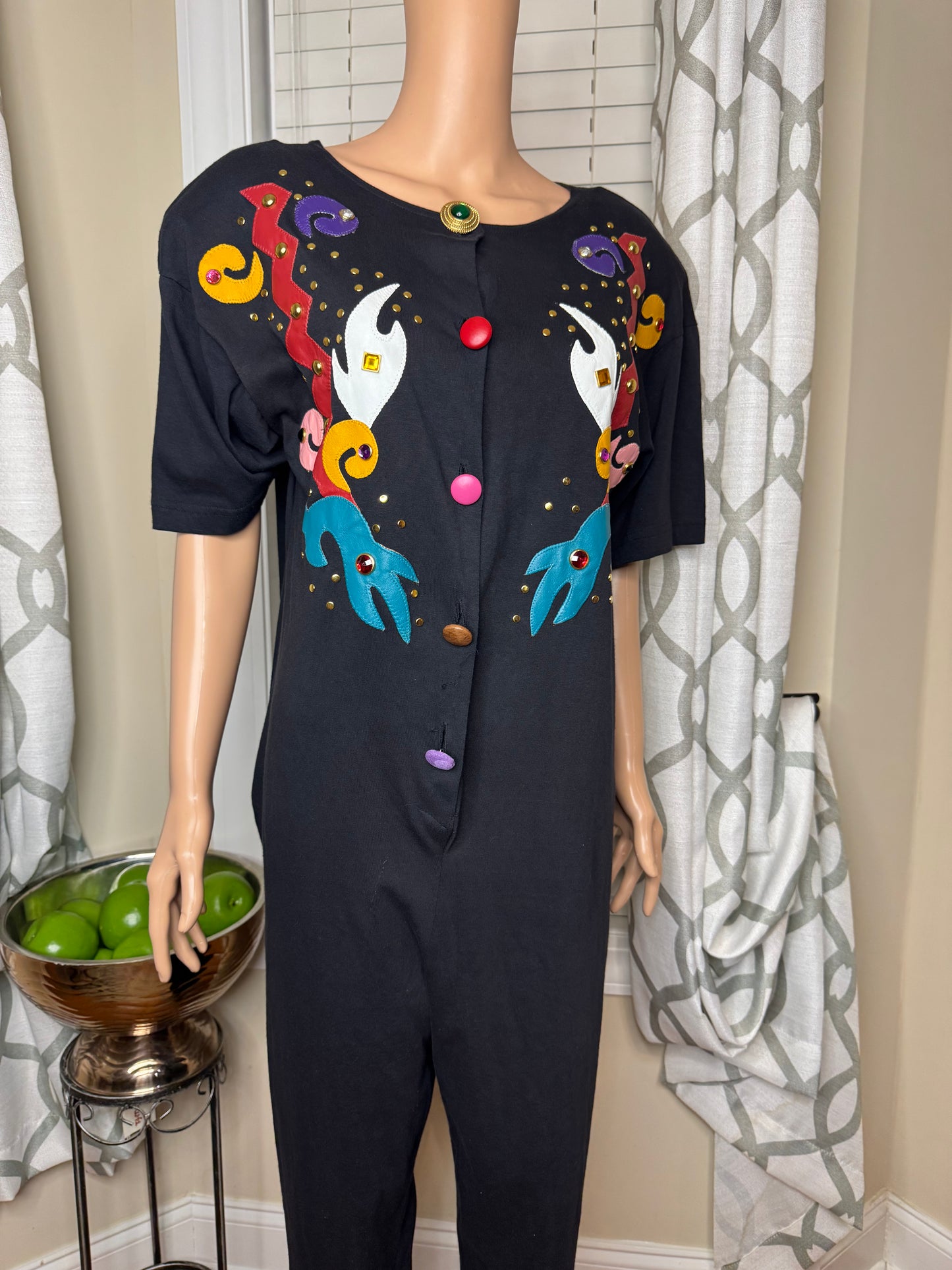 NWT Vintage Bejeweled Romper with Genuine Leather Appliqués