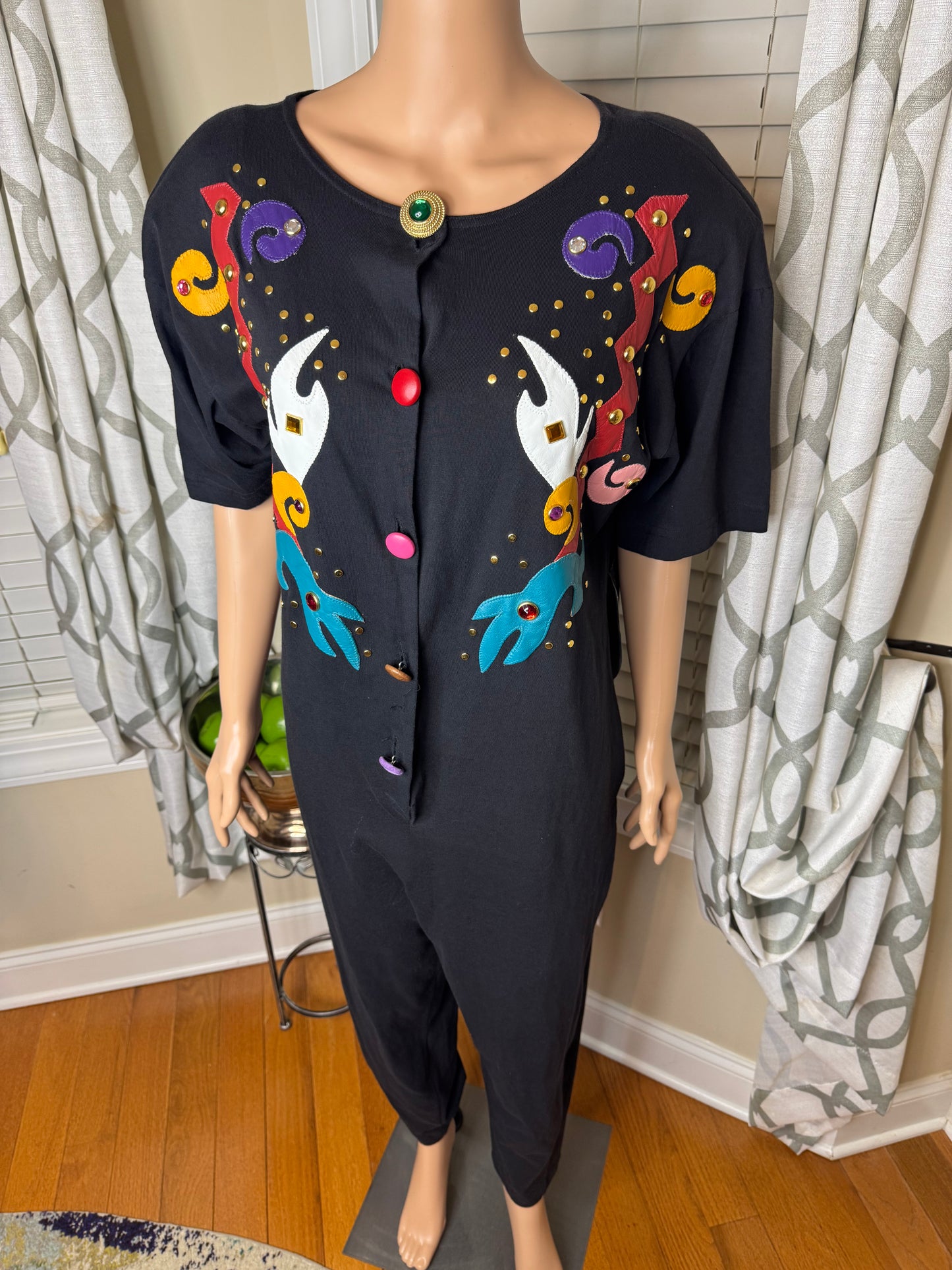 NWT Vintage Bejeweled Romper with Genuine Leather Appliqués