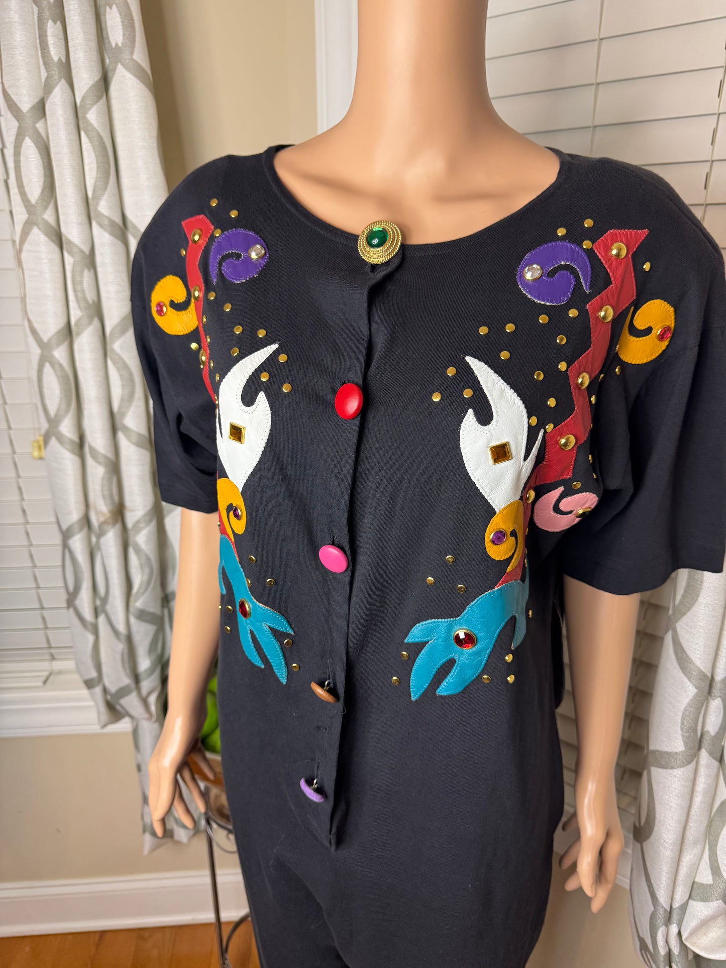 NWT Vintage Bejeweled Romper with Genuine Leather Appliqués