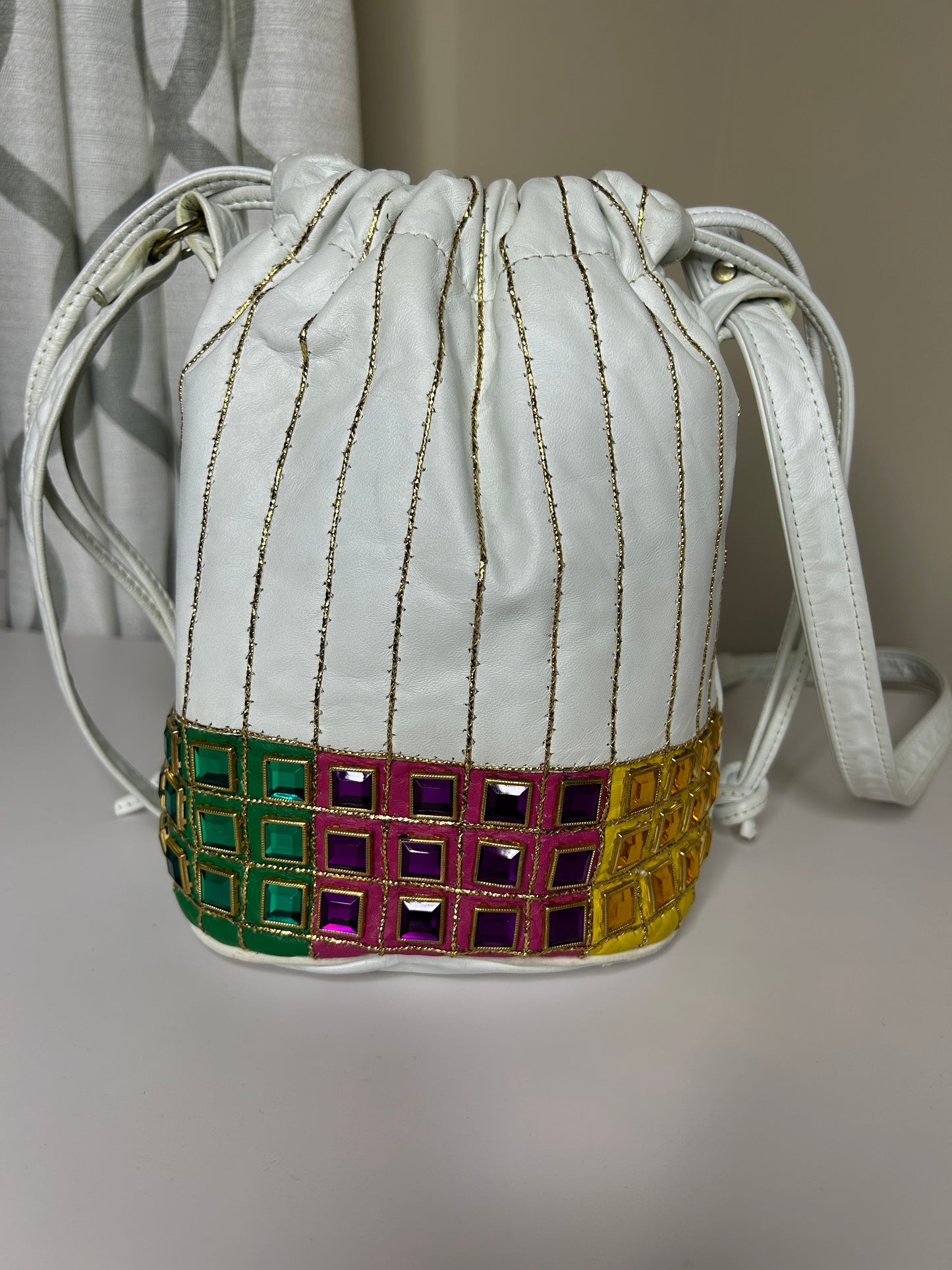 Bejeweled Vintage Drawstring Bucket Bag