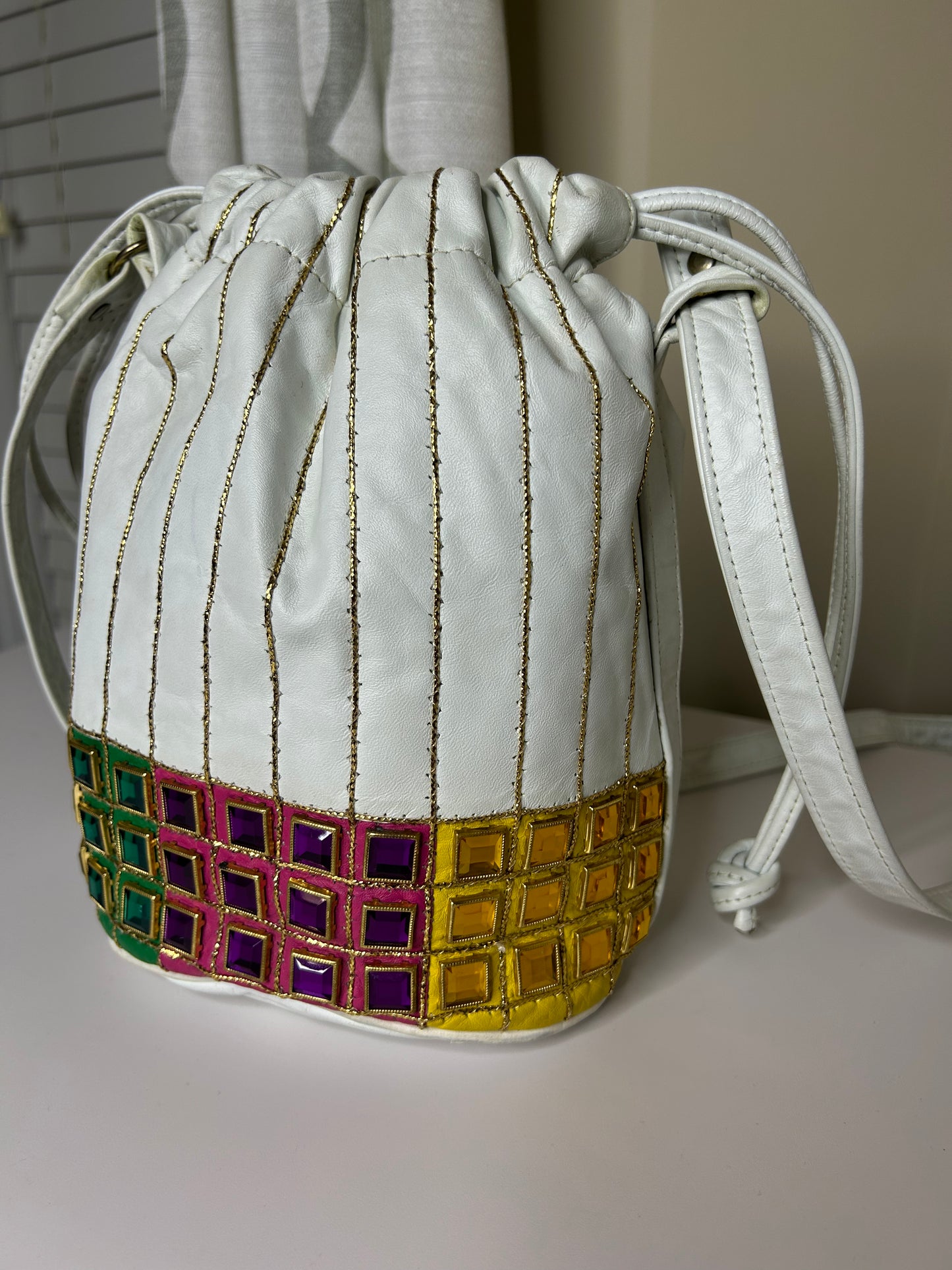 Bejeweled Vintage Drawstring Bucket Bag