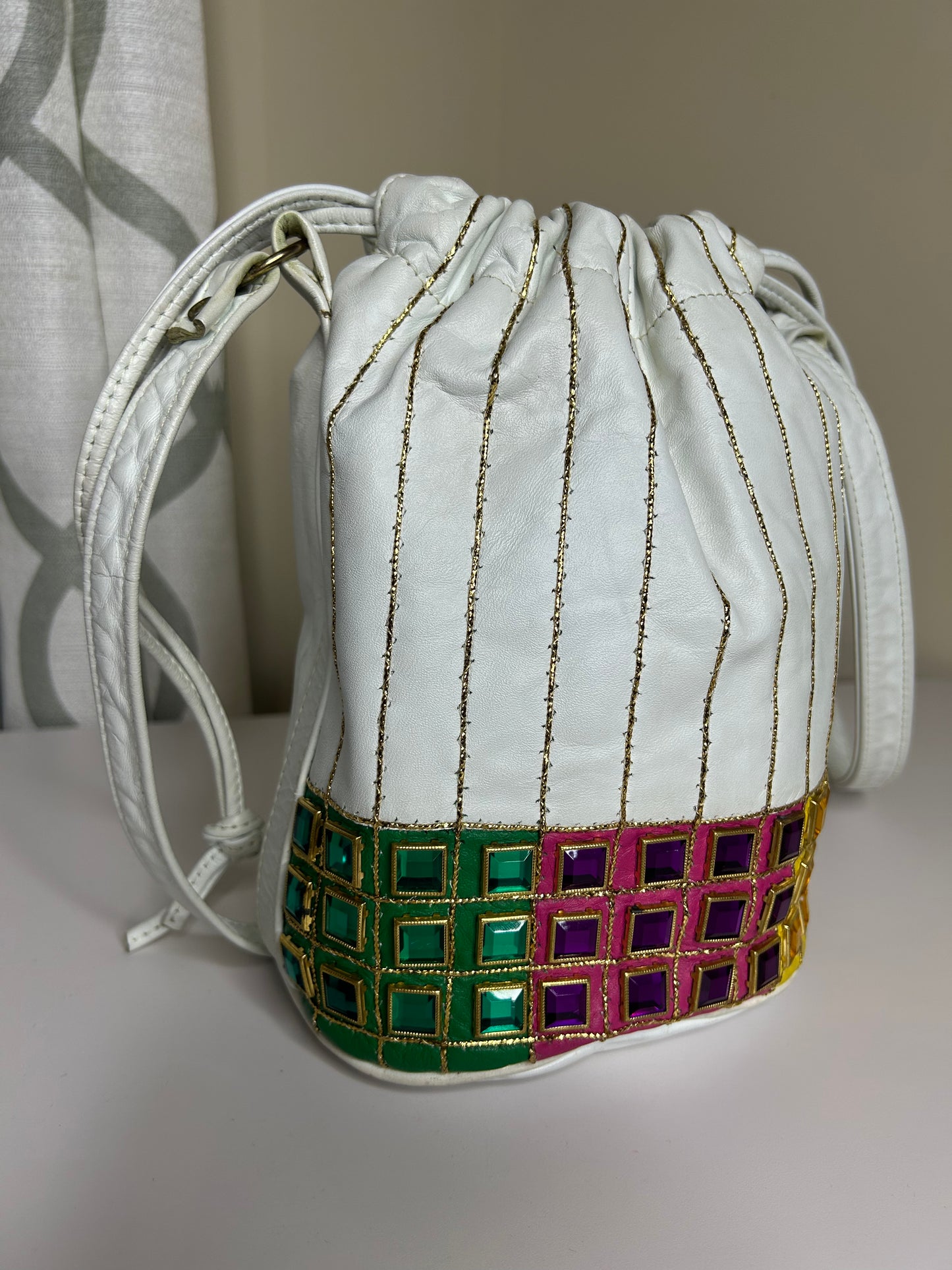 Bejeweled Vintage Drawstring Bucket Bag