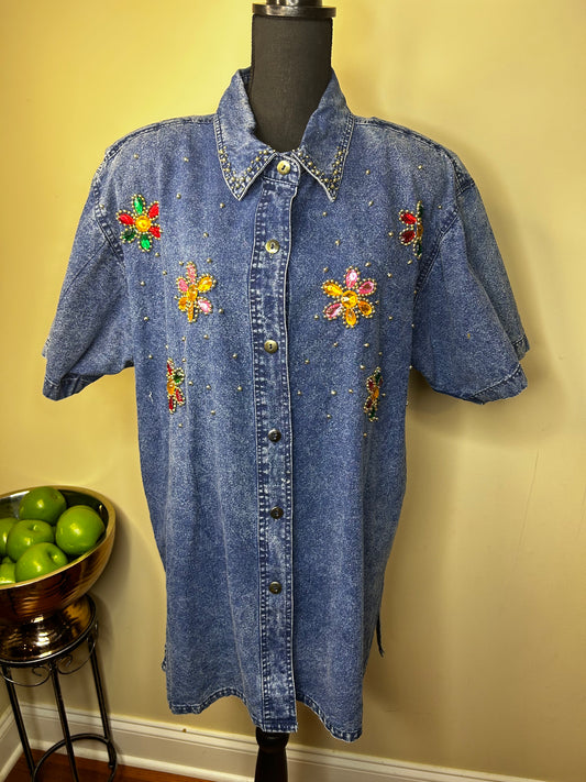 Vintage Denim Bejeweled Gold Studded Shirt