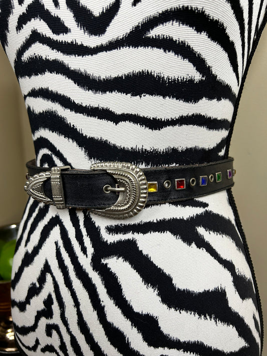 Vtg Bejeweled Genuine Leather Belt