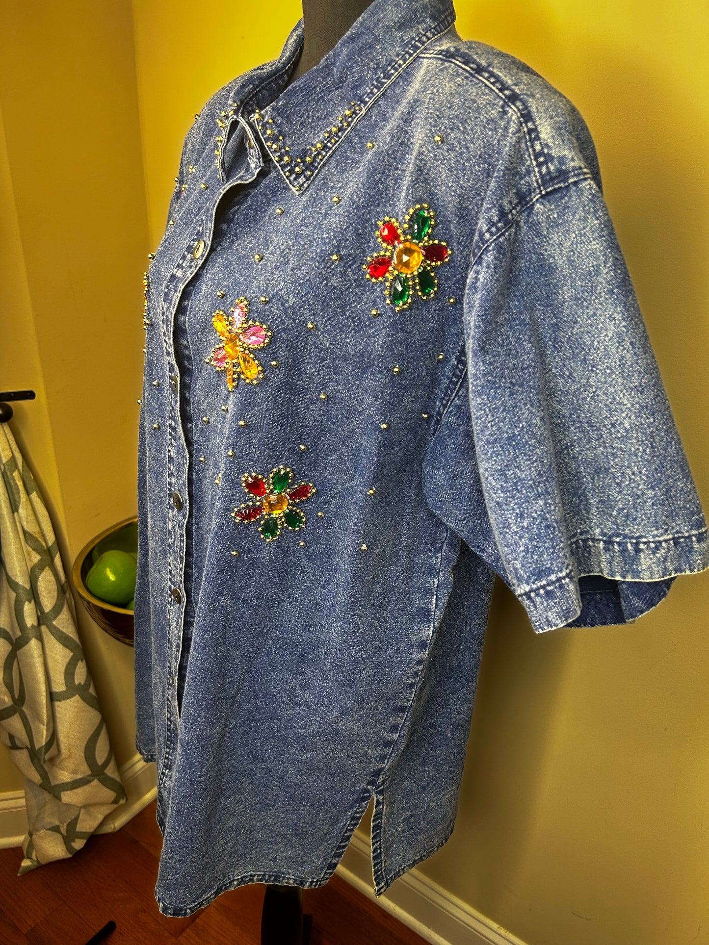 Vintage Denim Bejeweled Gold Studded Shirt