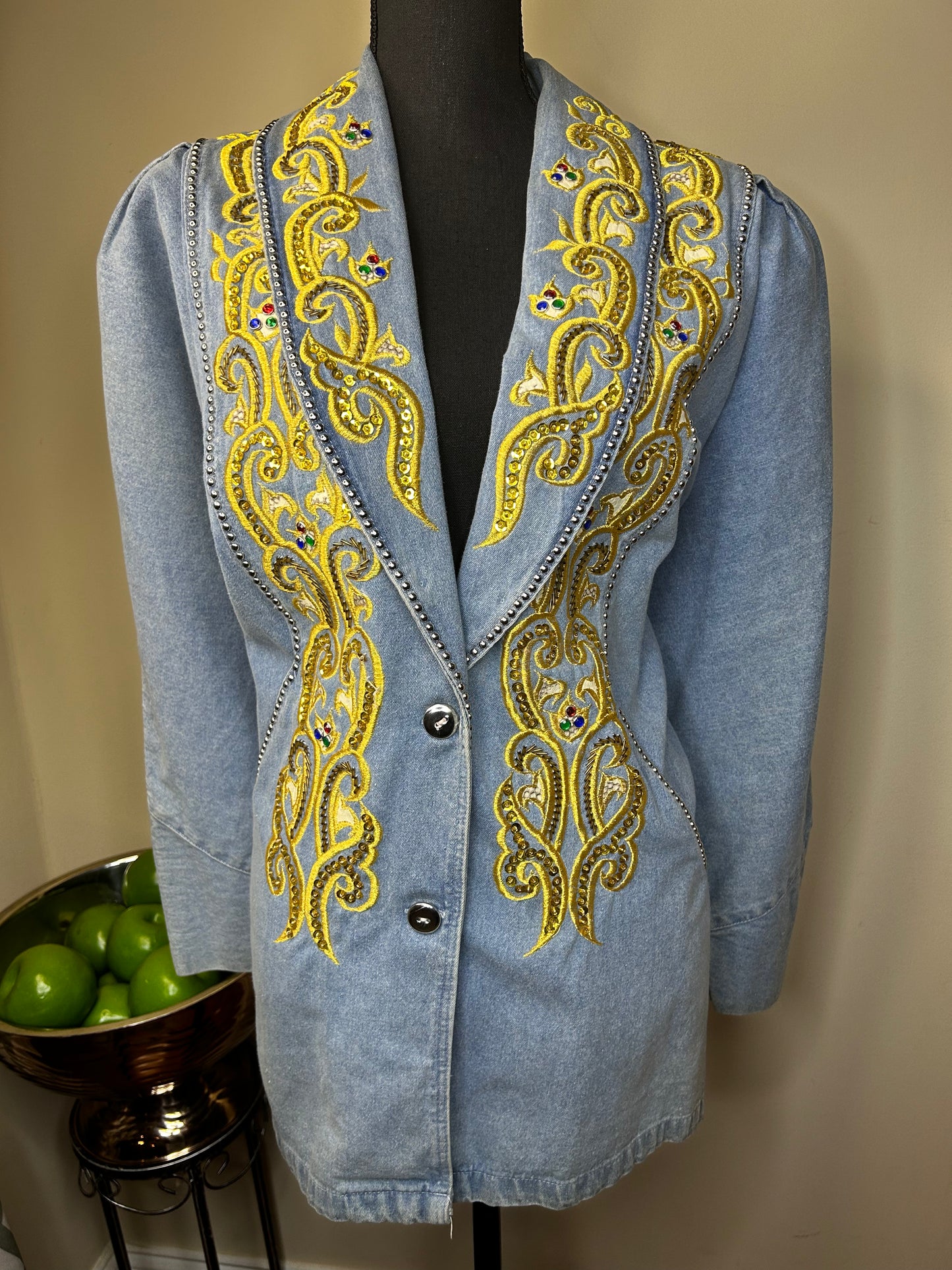 Vintage Denim Bejeweled and Embroidered Blazer