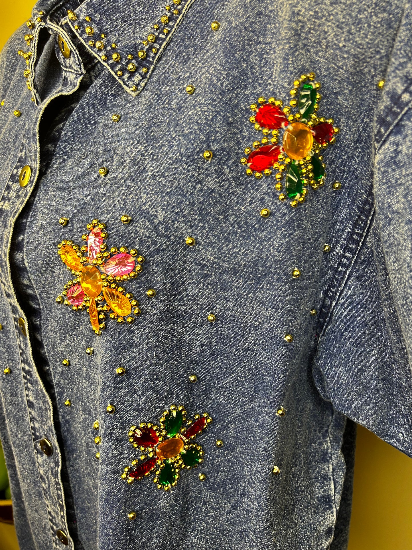 Vintage Denim Bejeweled Gold Studded Shirt