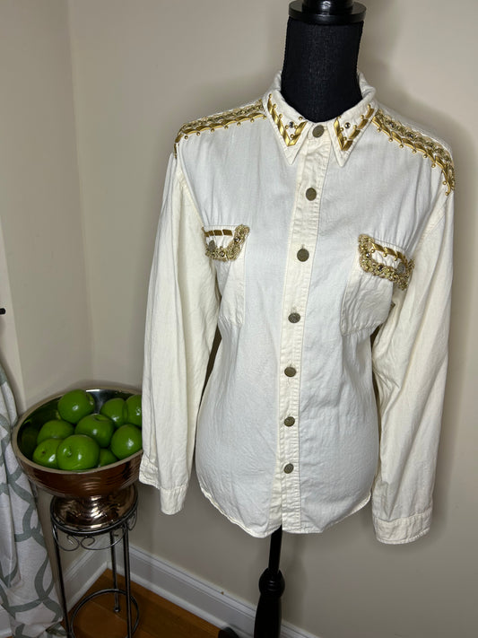 Cache Creme Jewel Shirt w/ Gold Studs and Embroidery