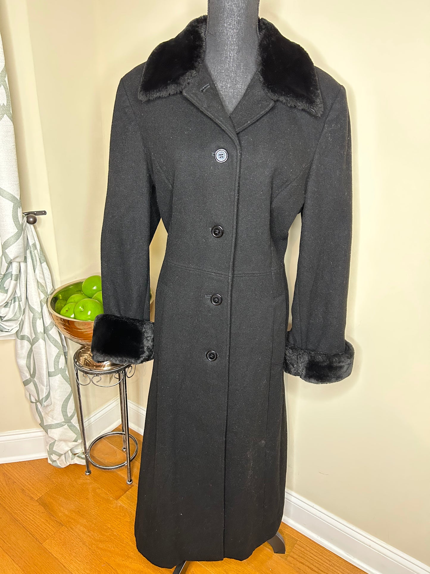 Donny Brook Vintage Black Trench Coat w/ Faux Fur Trim