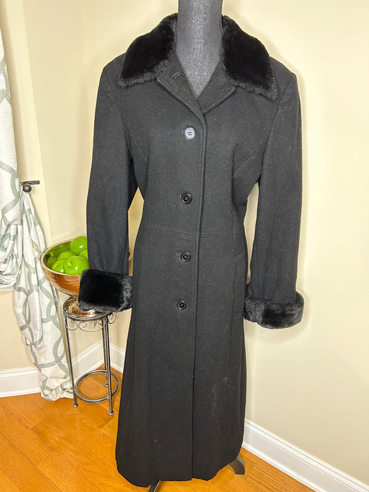 Donny Brook Vintage Black Trench Coat w/ Faux Fur Trim