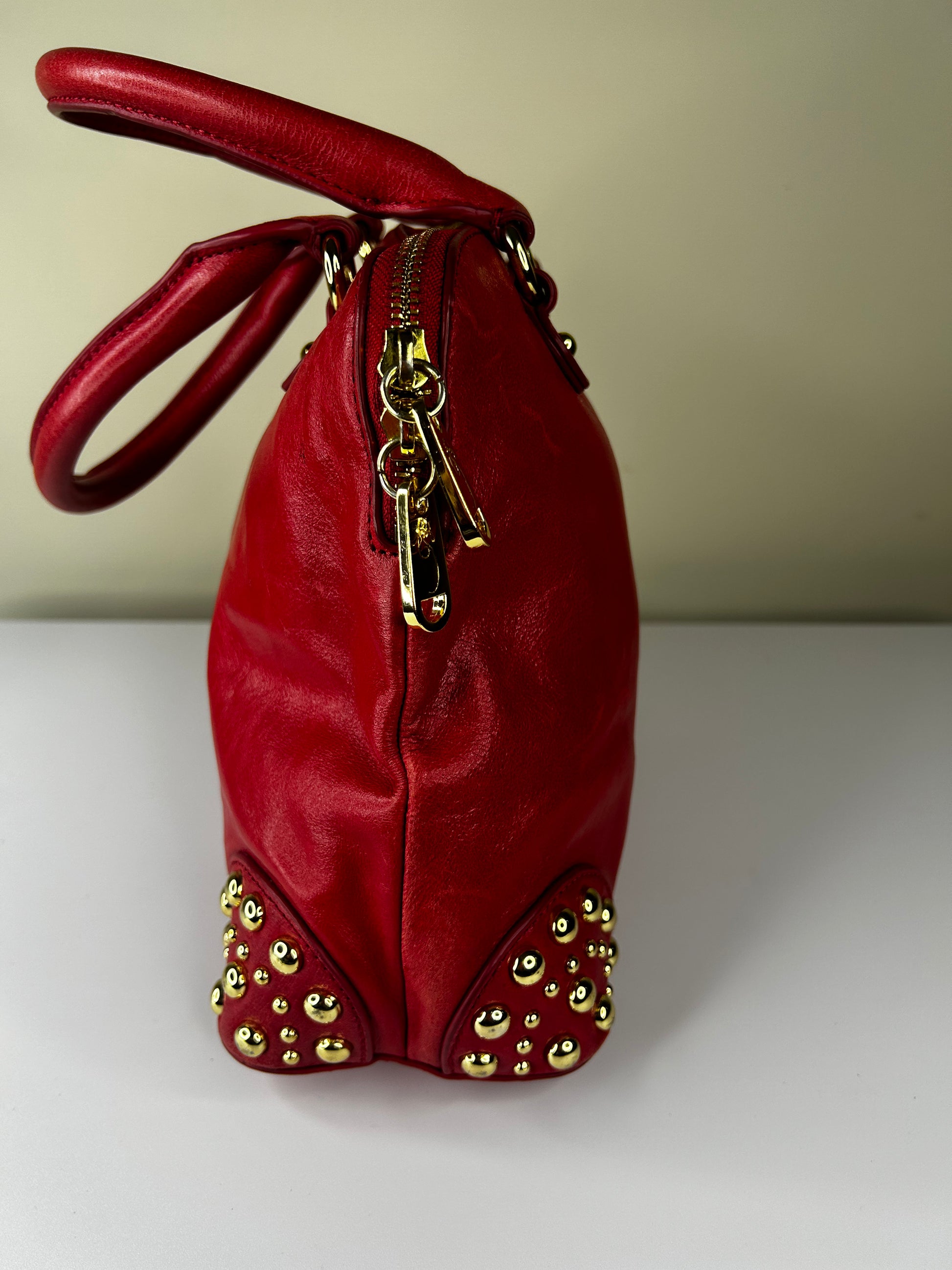 Belle Badgley Mischka Red Purse w Gold Studs Thrift D Vintage