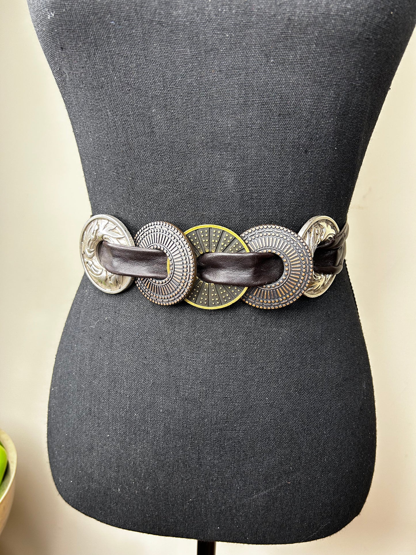 Brown Genuine Leather Tie Waist Belt w/ Medal Medallions