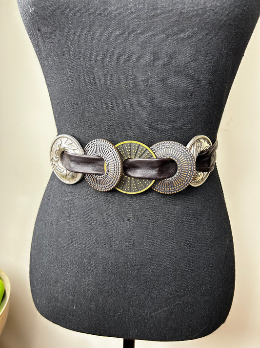 Brown Genuine Leather Tie Waist Belt w/ Medal Medallions