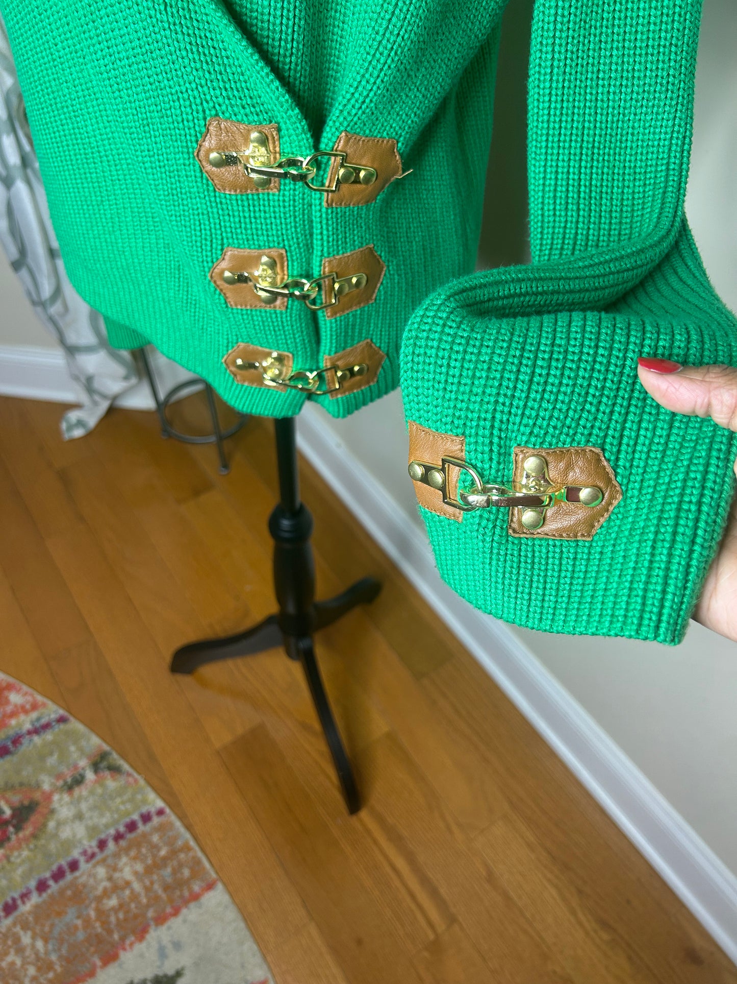 W Worth Green Sweater w/ Gold Hardware and Leather Trim