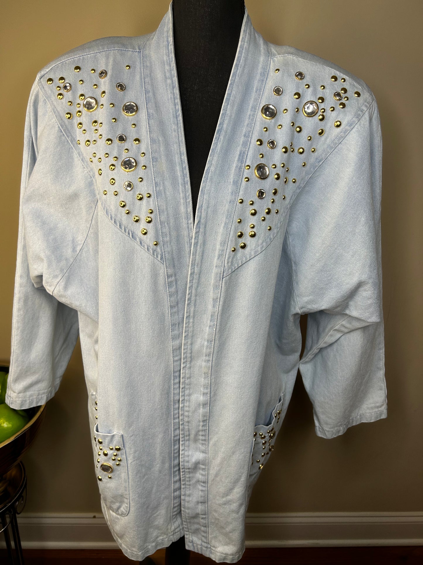 Vintage 80s Gold Studded Rhinestone Bejeweled Denim Jacket