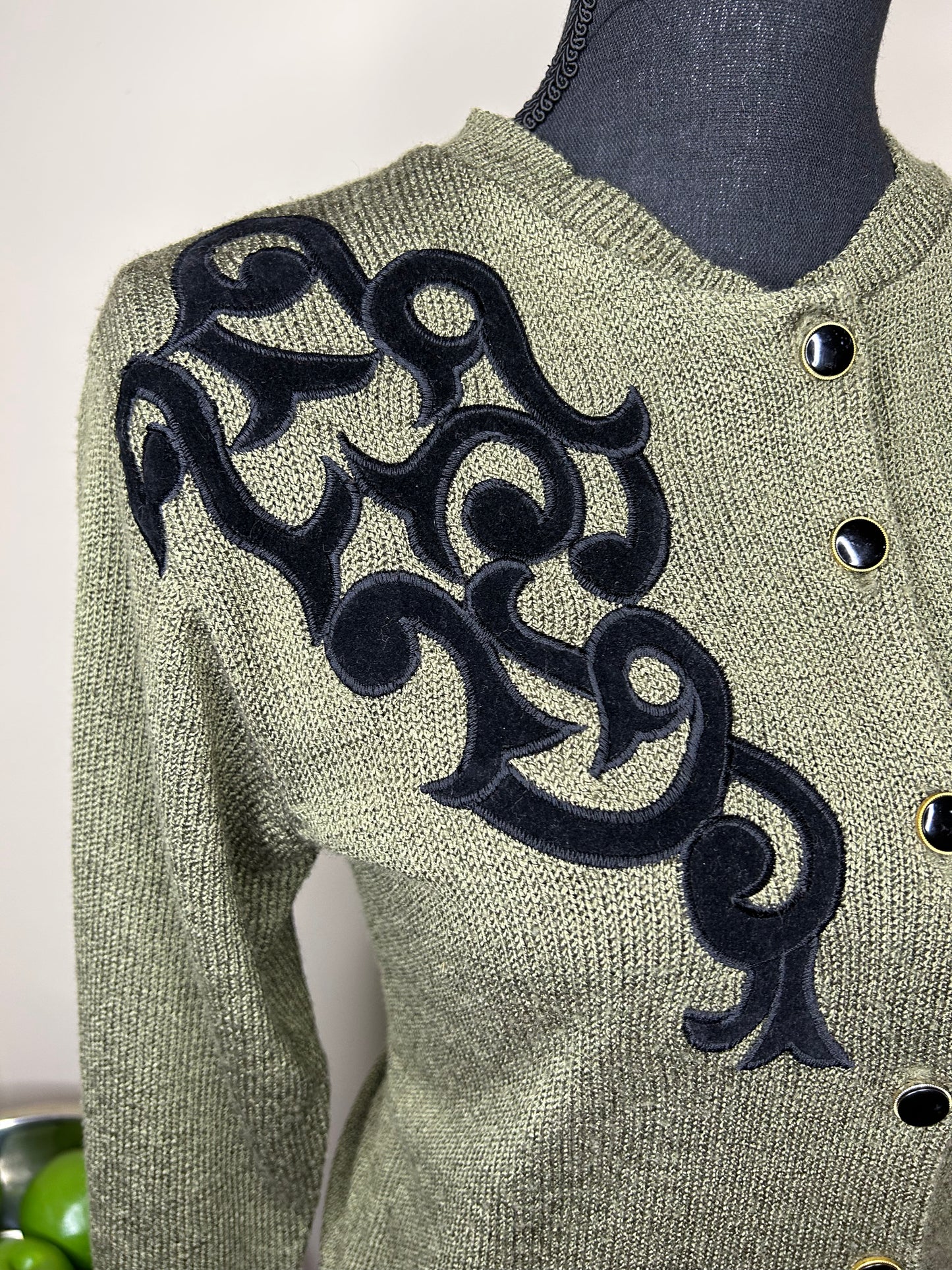 Andrea Gayle Olive Sweater w/ Black Embroidery